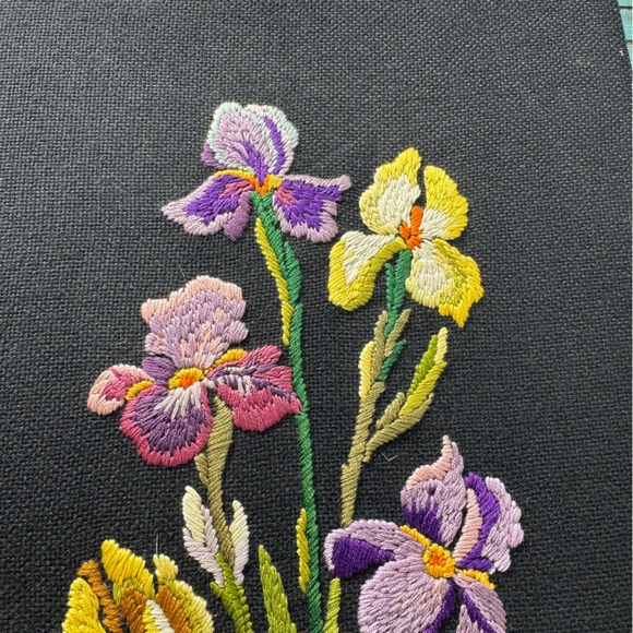 MCM Hand Embroidered Crewel Flower Black Background Unframed - Picture 2 of 9